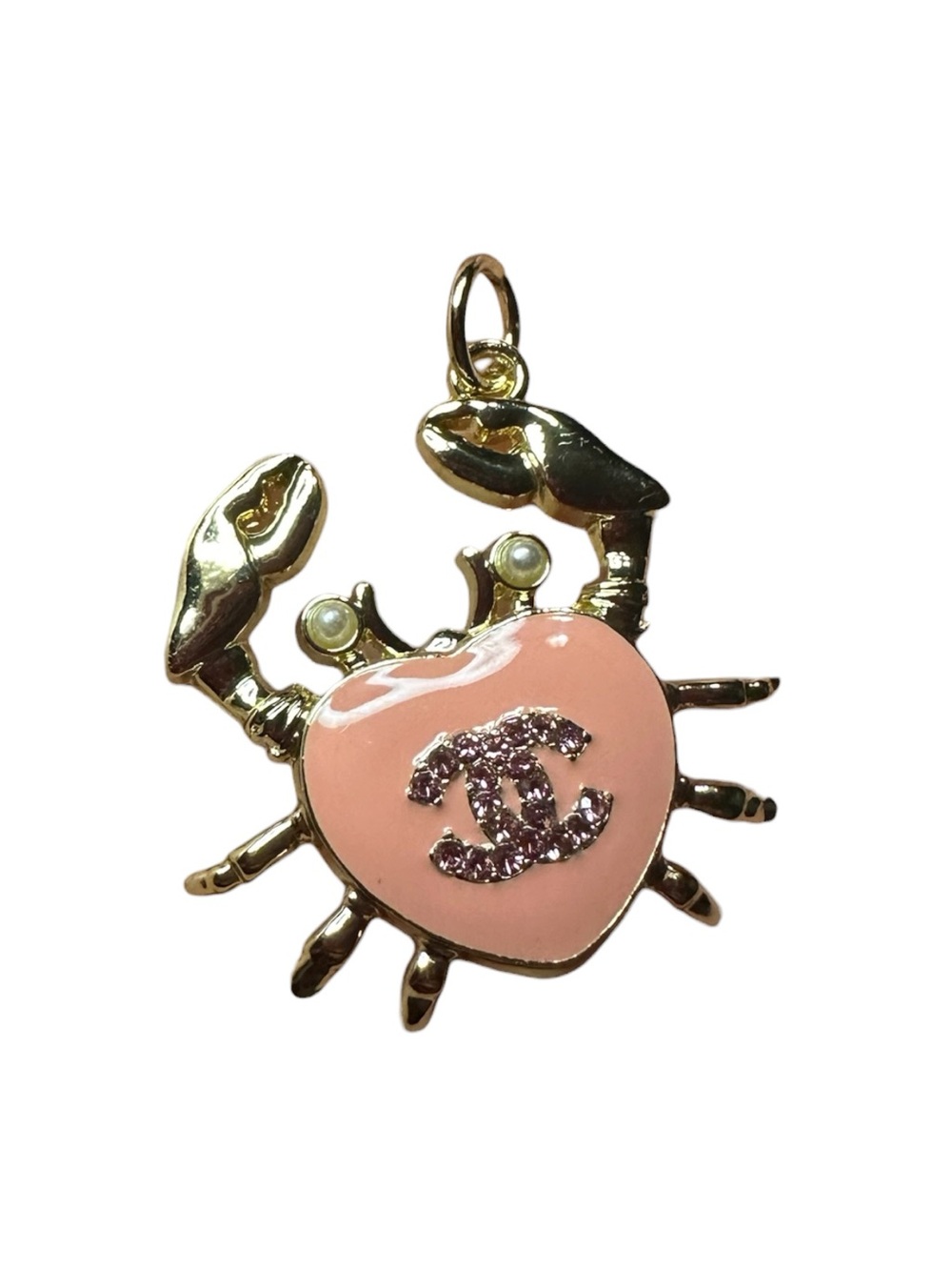 Chanel Gold Crab Heart Zipper Pull Charm with Light Pink Enamel & Stone Logo